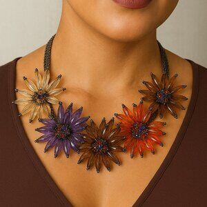 Vintage Joan Rivers Gunmetal Silver Tone Multi-Chain Crystal Flower  Necklace